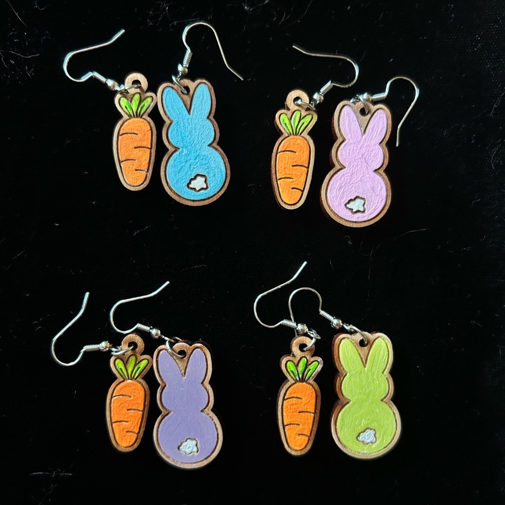 Bunny & Carrot Earring Pair - Easter Holiday Seasonal  Pink Blue Green Purple